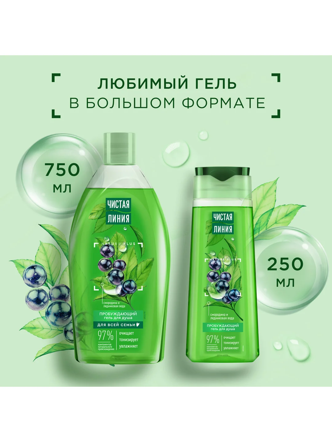 Гель для душа Чистая линия, Пробуждающий, смородина и ледниковая вода, 250 мл