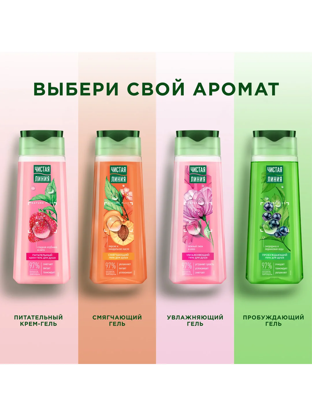 Гель для душа Чистая линия "Увлажняющий", пион и алоэ, 250 мл