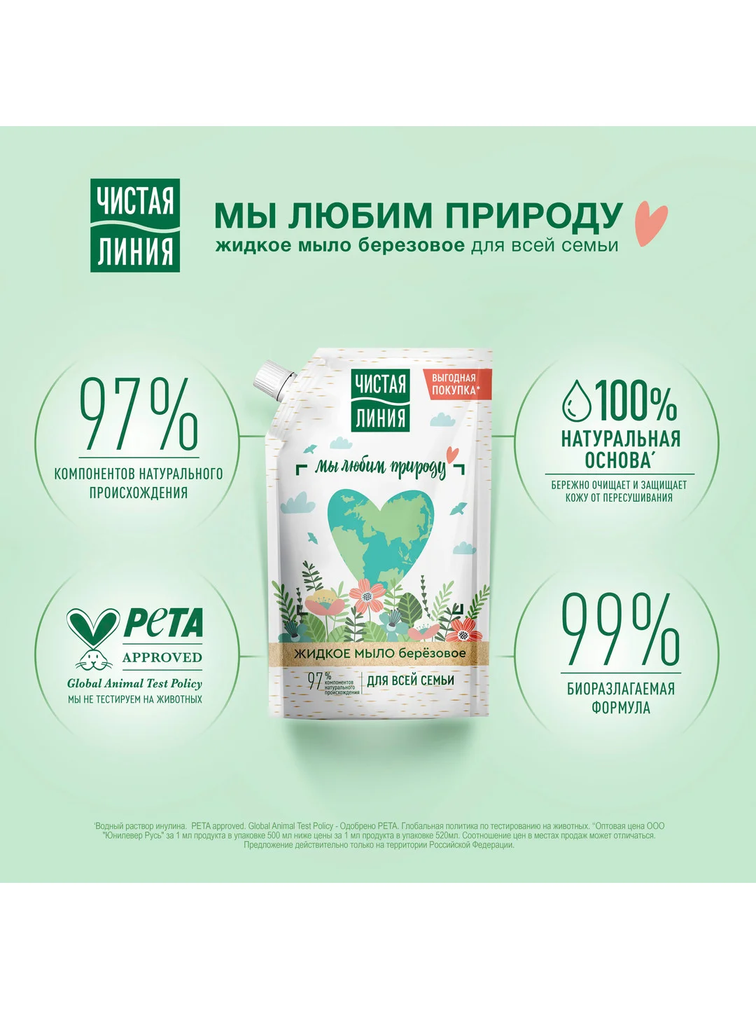 Мыло жидкое Чистая линия "Березовое", для всей семьи, 500 мл