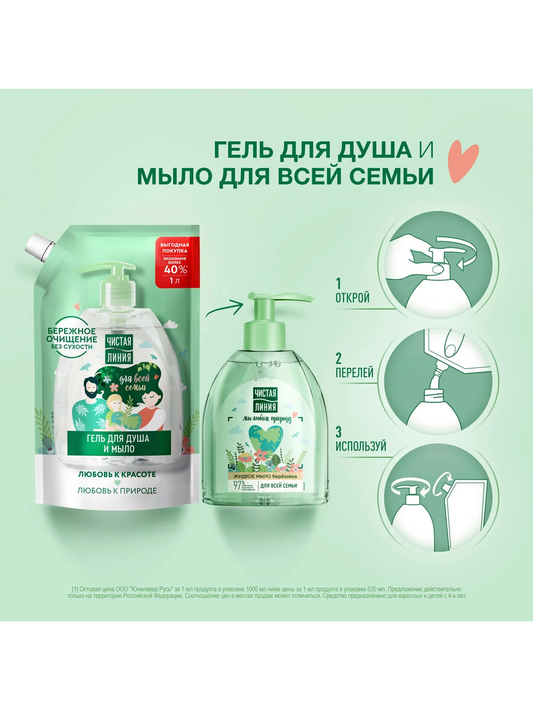 Гель для душа и жидкое мыло Чистая линия, универсальное, с березовым соком, 1 л