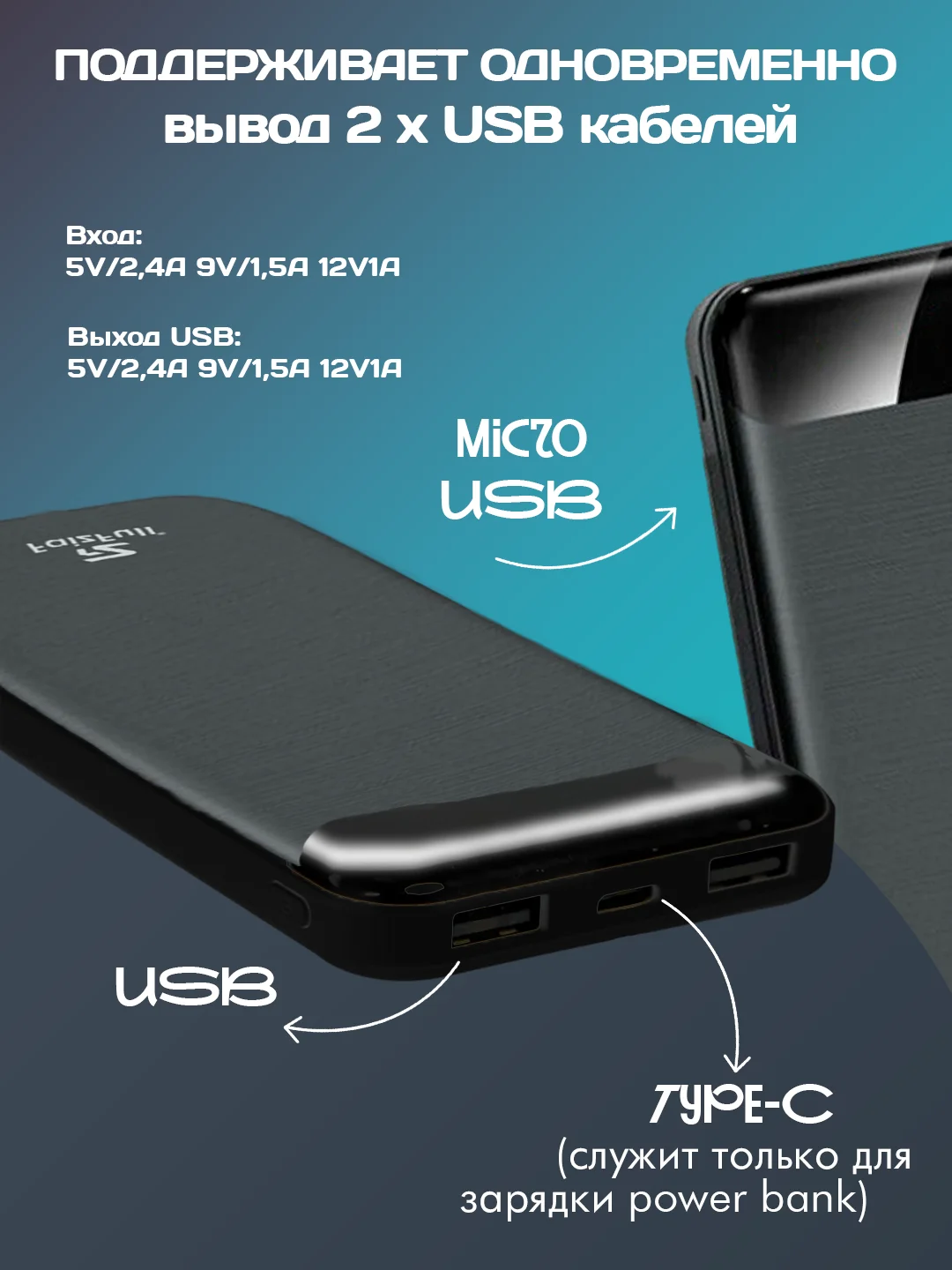 Белый внешний аккумулятор, 20000 мАч, USB Type-A/Type-C, повербанк портативный