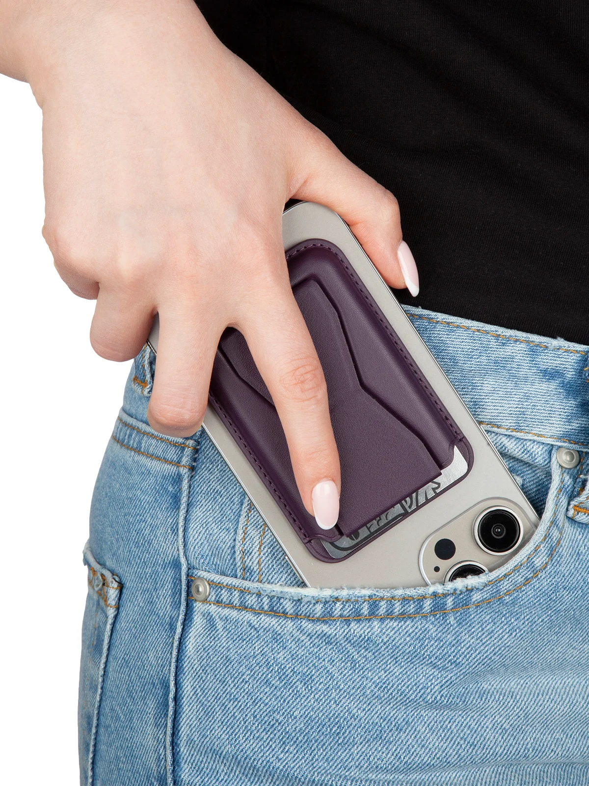 Фиолетовый картхолдер-подставка MagSafe Wallet для iPhone кожаный магнитный BROSCORP карман-кошелек