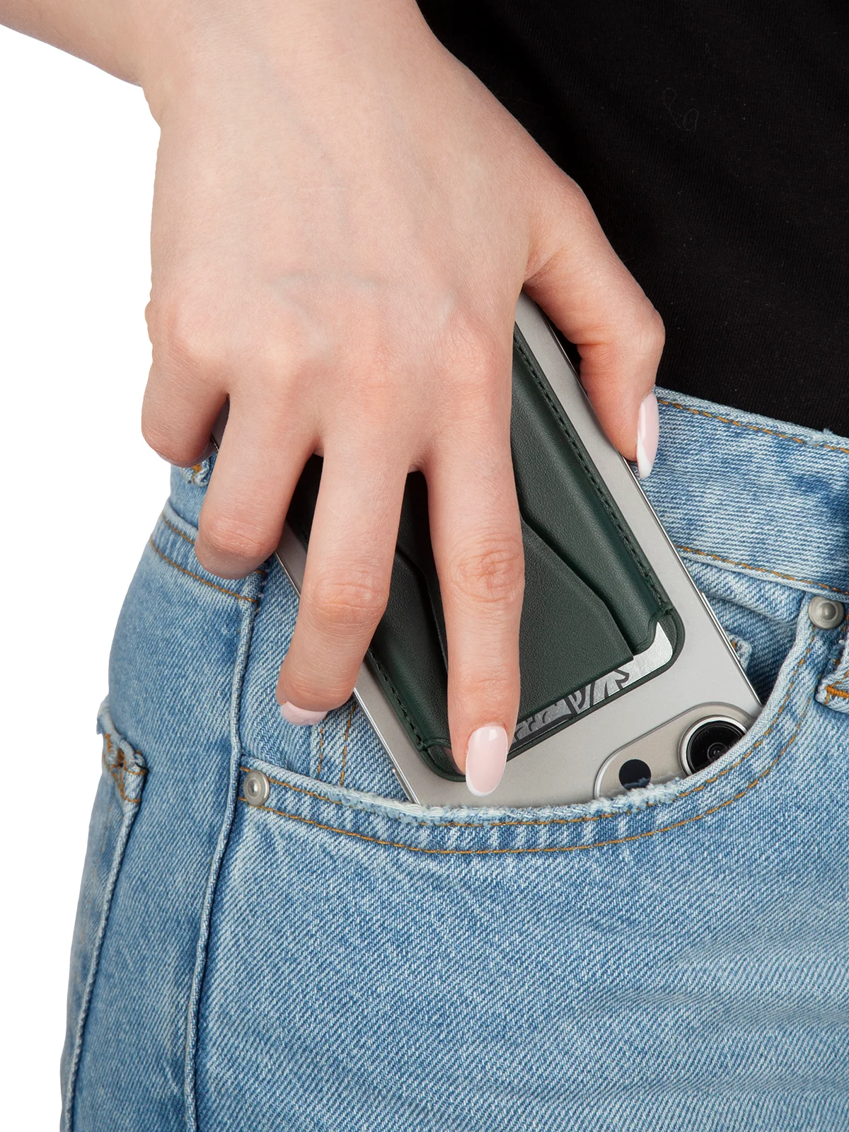 Тёмно-зелёный картхолдер-подставка MagSafe Wallet для iPhone кожаный магнитный BROSCORP карман-кошелек