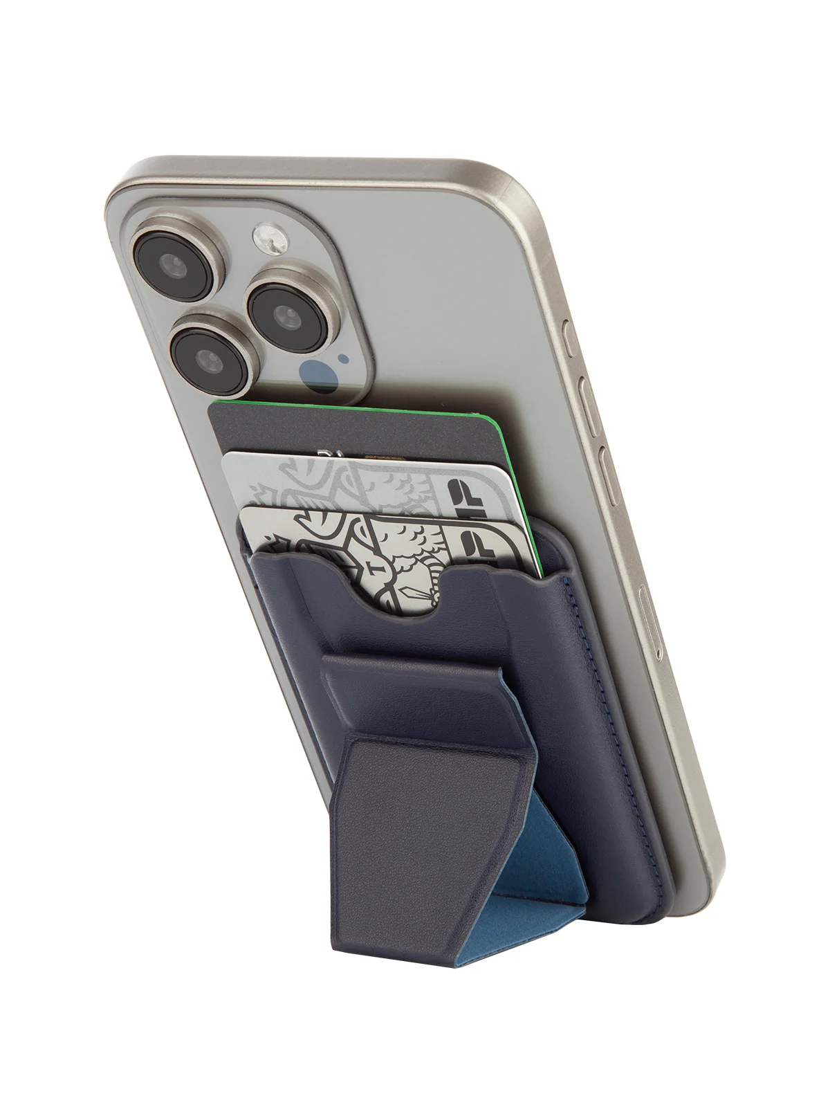 Синий картхолдер-подставка MagSafe Wallet для iPhone кожаный магнитный BROSCORP карман-кошелек