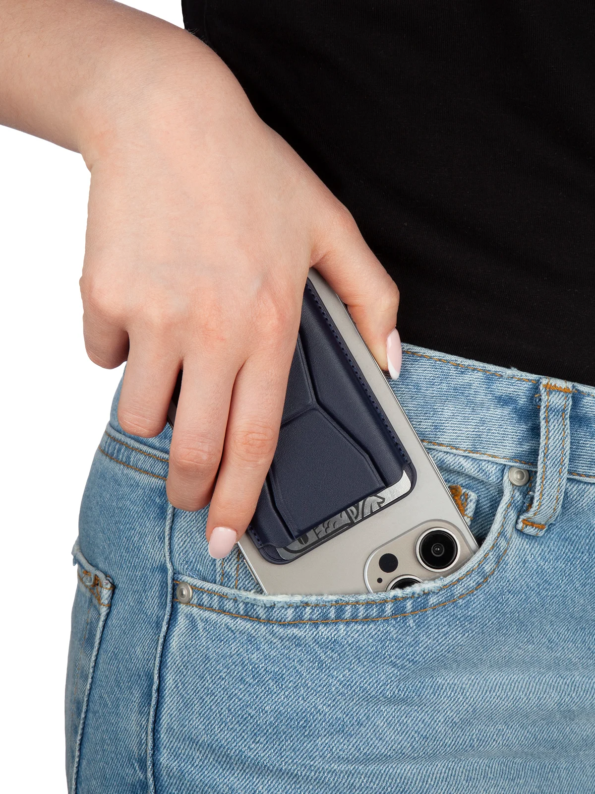 Синий картхолдер-подставка MagSafe Wallet для iPhone кожаный магнитный BROSCORP карман-кошелек