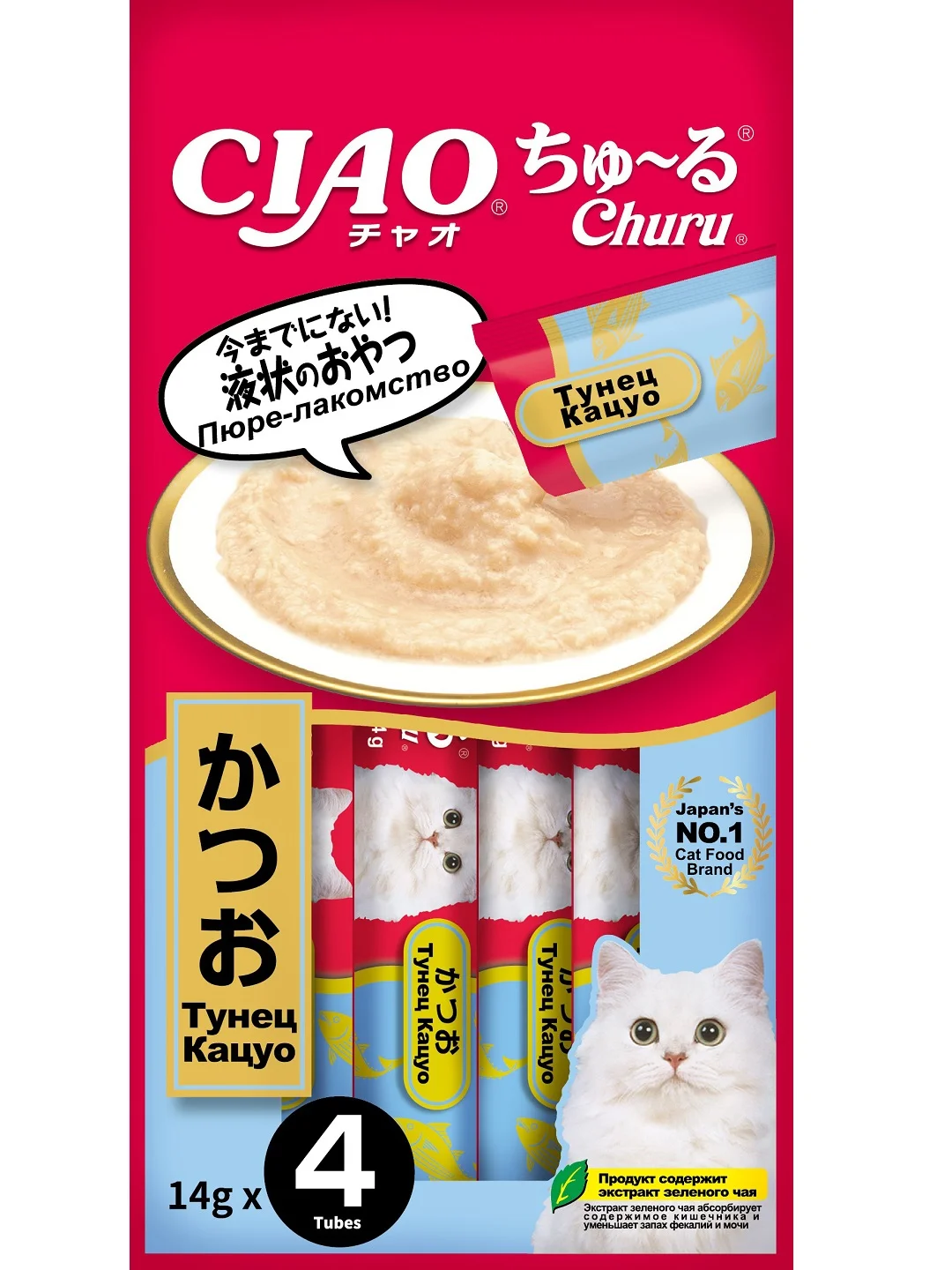 Лакомство INABA CIAO CHURU для кошек Пюре из тунца, стик 14г, 4 шт.