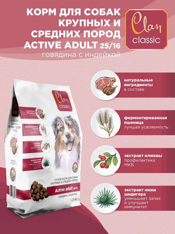 Корм сухой CLAN Classic Active для крупных и средних собак, говядина и индейка