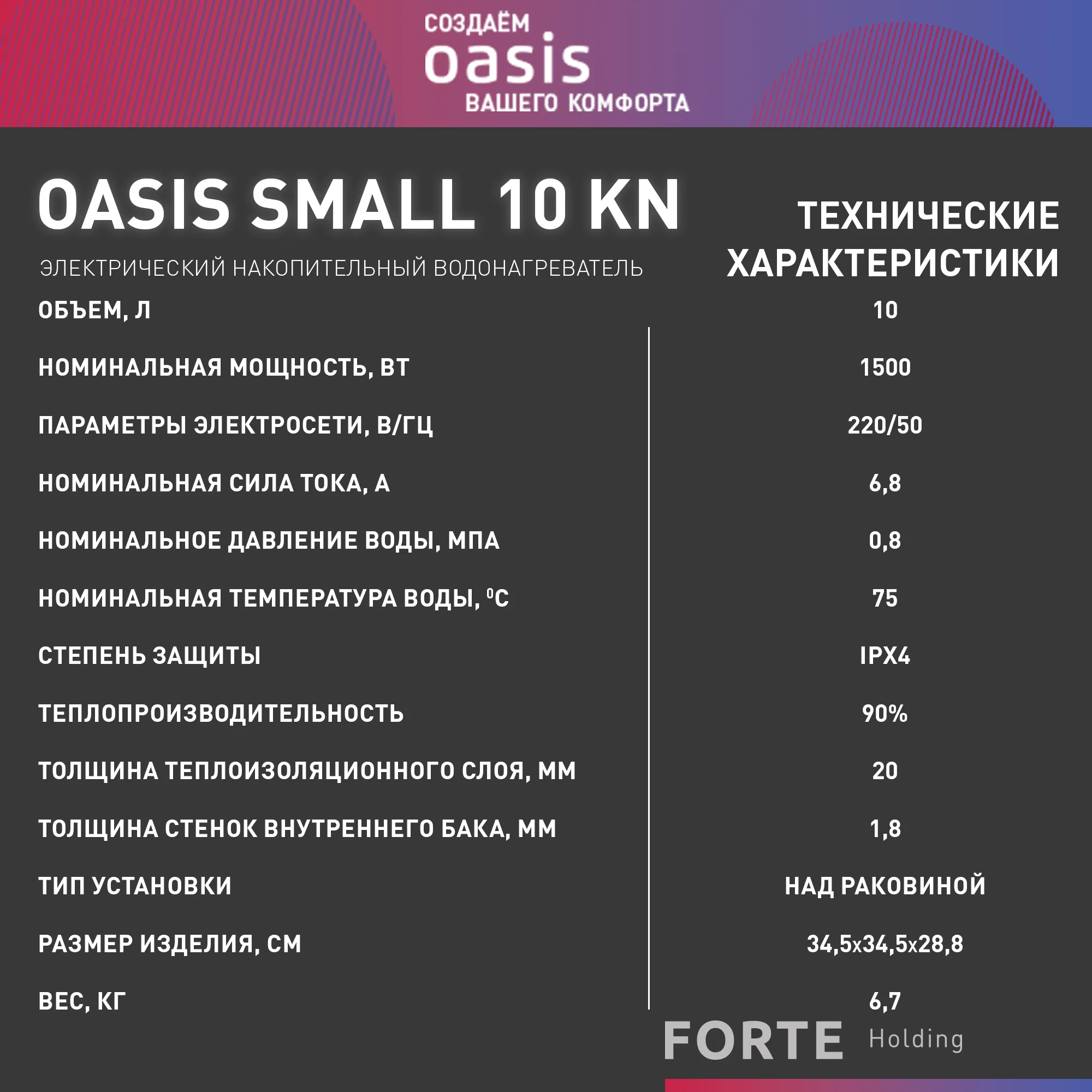 Белый электрический накопительный водонагреватель Oasis 10 KN, (над раковиной)