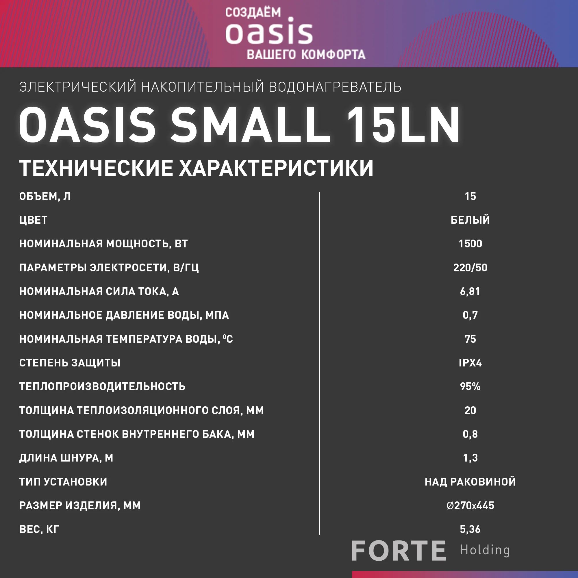 Белый электрический накопительный водонагреватель Oasis 15LN (над раковиной)