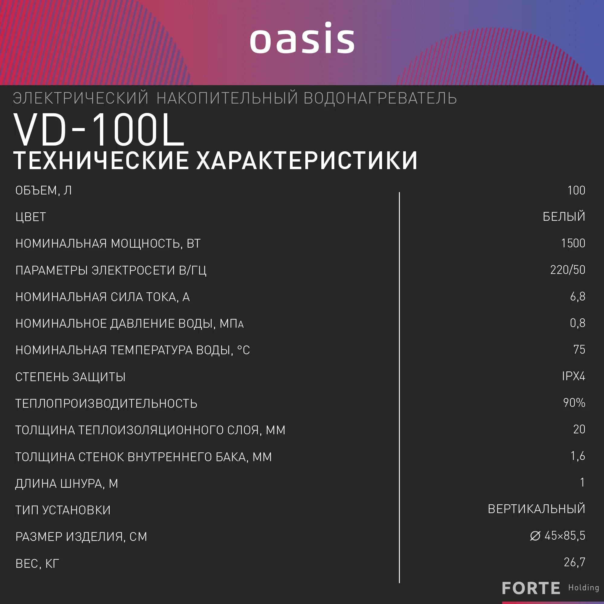 Белый электрический накопительный водонагреватель Oasis Eco VD-100L