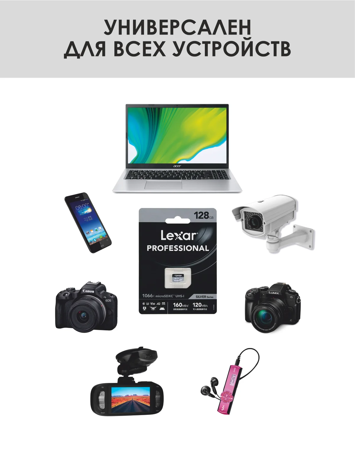 Оригинальная карта памяти Lexar Micro SD  64, 128 ГБSilver 1066x  класс 10 UHS-1 U3 V30 A2