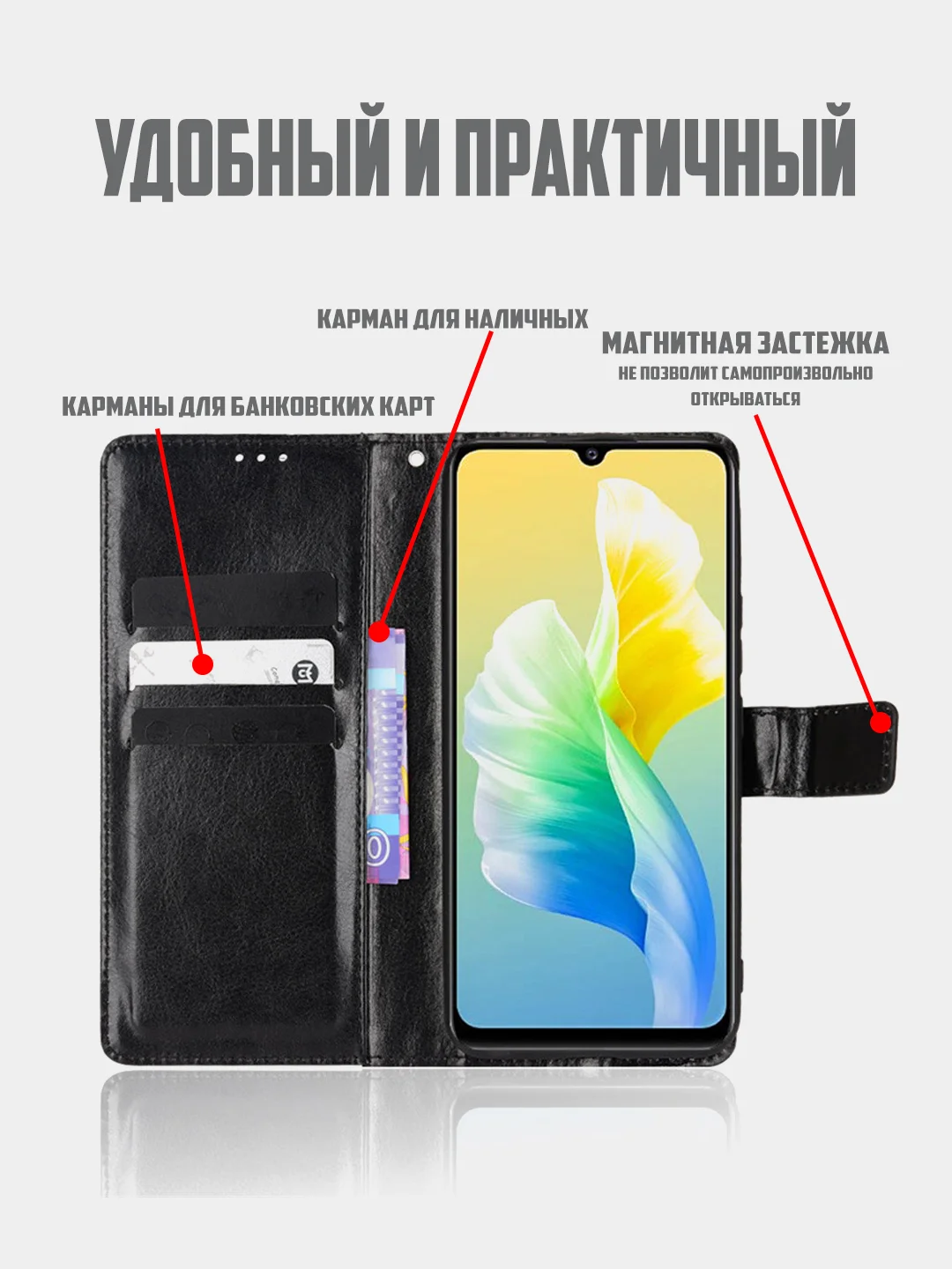 Черный чехол-книжка с магнитной застежкой для Vivo V23e