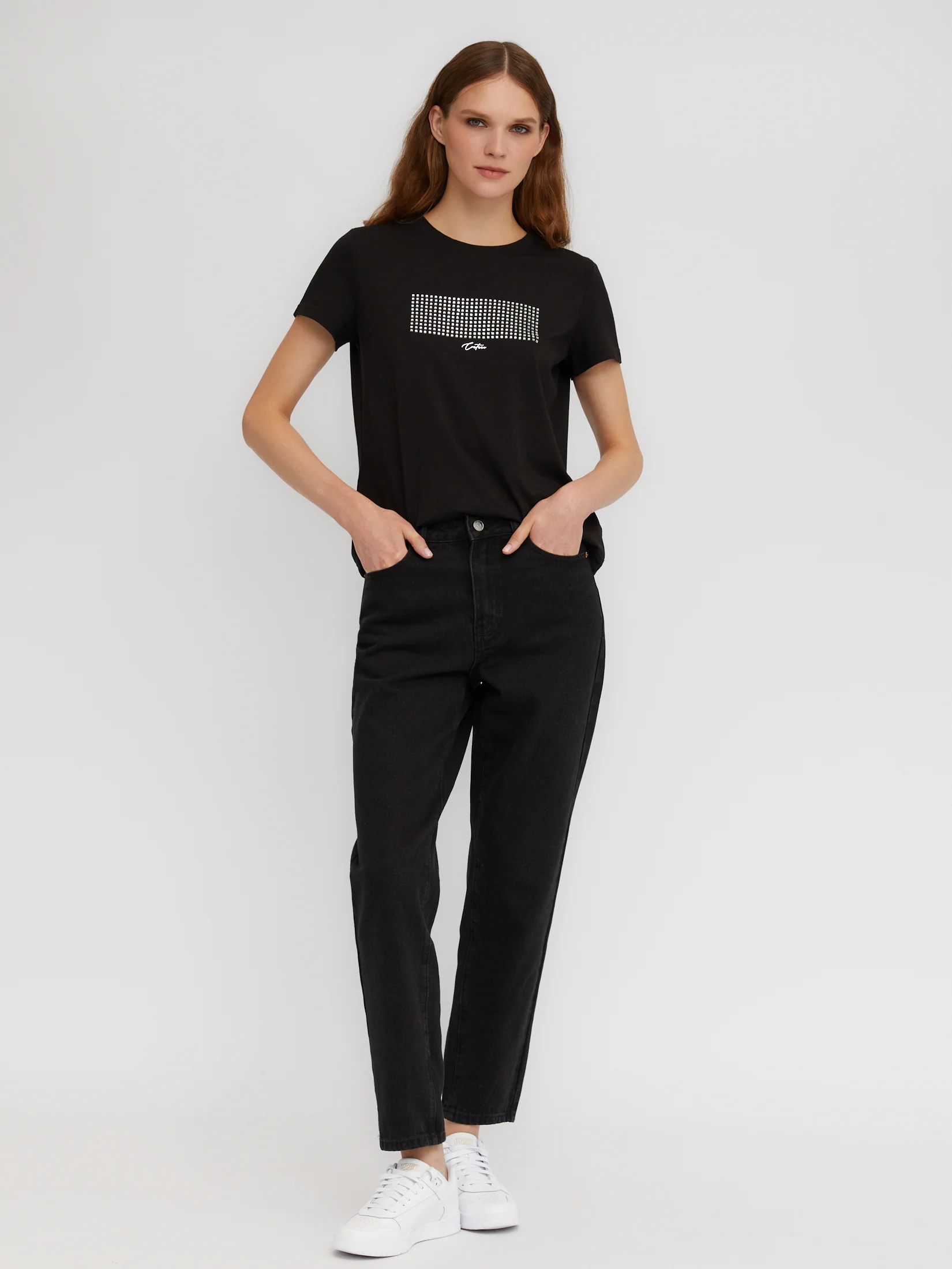 Черный женские джинсы Mom Fit высокой посадки