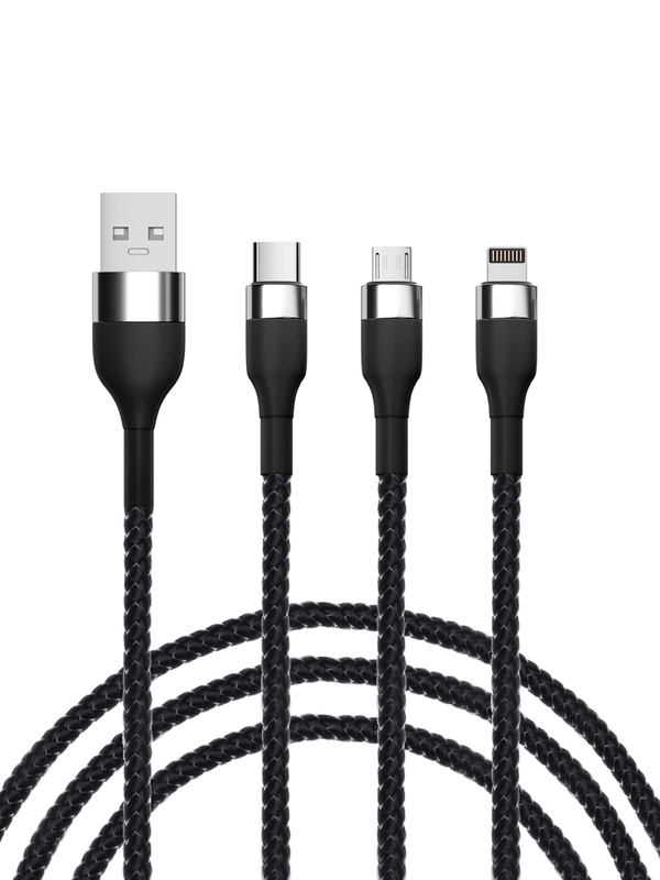 Кабель для зарядки 3 в 1 iPhone / Micro USB / Type-C, 1.5 метра, 2.1 А, тканевая оплётка