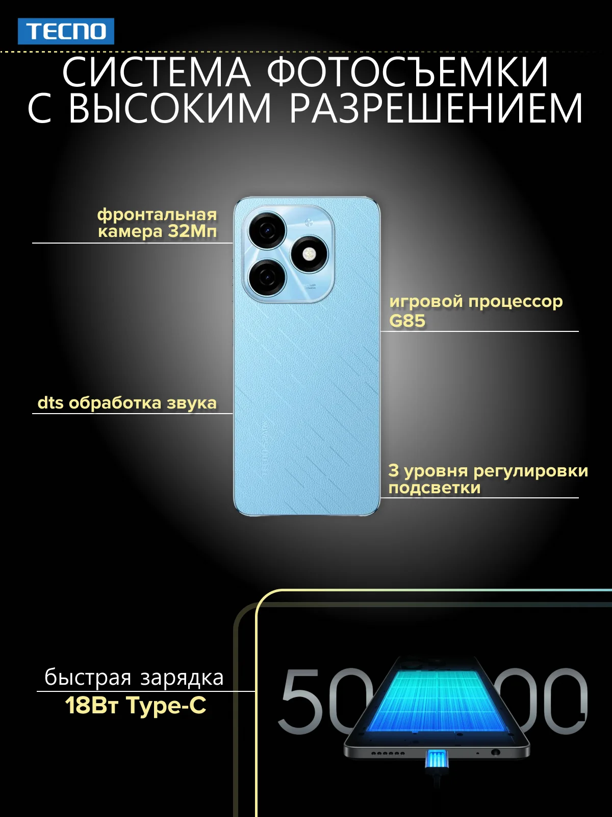 Голубой смартфон TECNO Spark 20 8/256ГБ