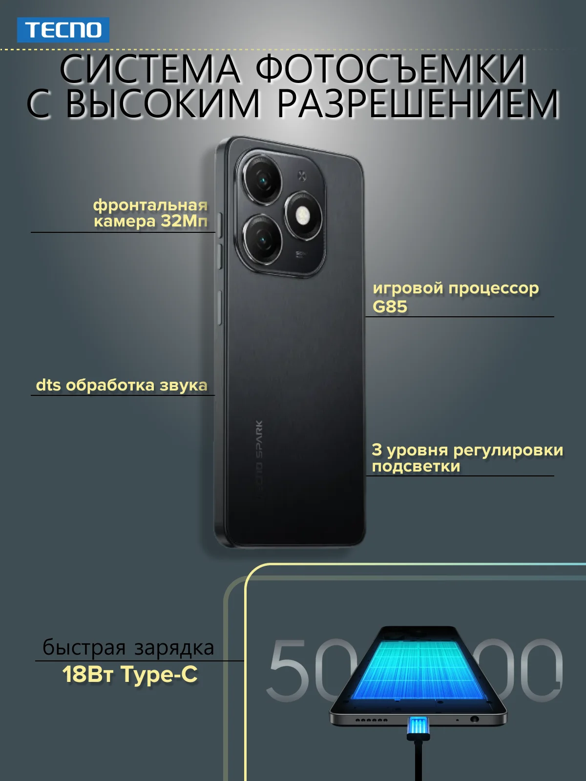 Голубой смартфон TECNO Spark 20 8/256ГБ