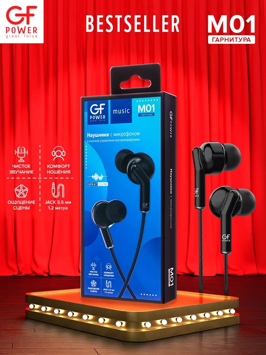 Черный наушники проводные с микрофоном GFPower M01