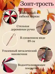 Красный зонт-трость разноцветный, с деревянной ручкой, диаметр 106 см, 16 спицы, антиветер