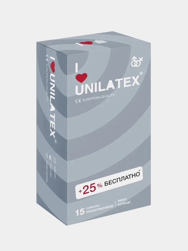 Презервативы UNILATEX Ribbed, 12 штук + 3 штуки в подарок