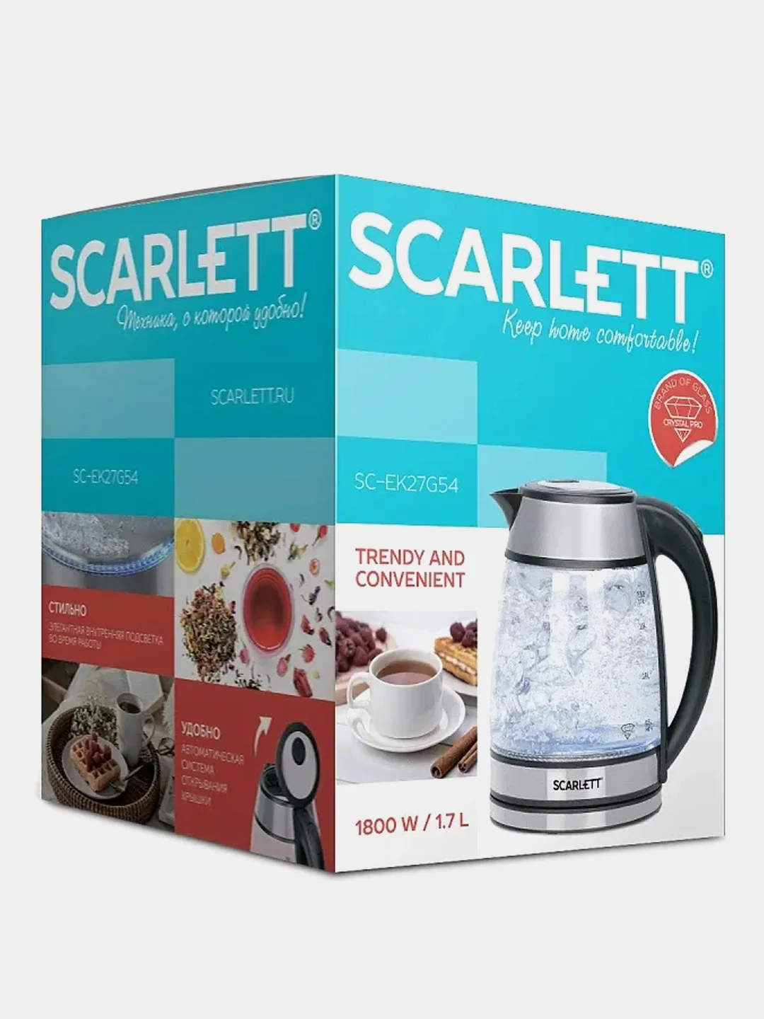 Электрический чайник SCARLETT SC-EK27G54, стекло, 1800 Вт, 1.7 л, серебристый/черный