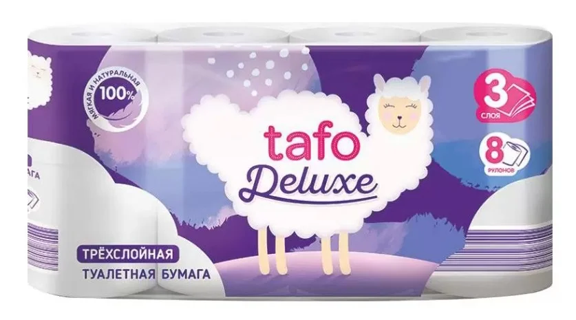 Туалетная бумага Tafo крепированная с перфорацией, белая с тиснением, 8 рулонов