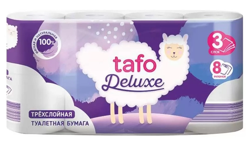 Туалетная бумага Tafo крепированная с перфорацией, белая с тиснением, 8 рулонов