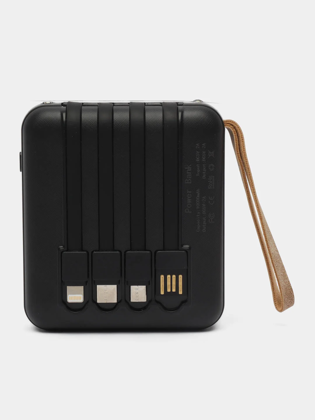 Угольный внешний аккумулятор с 4 встроенными кабелями, Lightning, Type-C, Power Bank, 10000 mAh