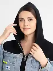 Черный женский модный кардиган кофта на замке с капюшоном джинса