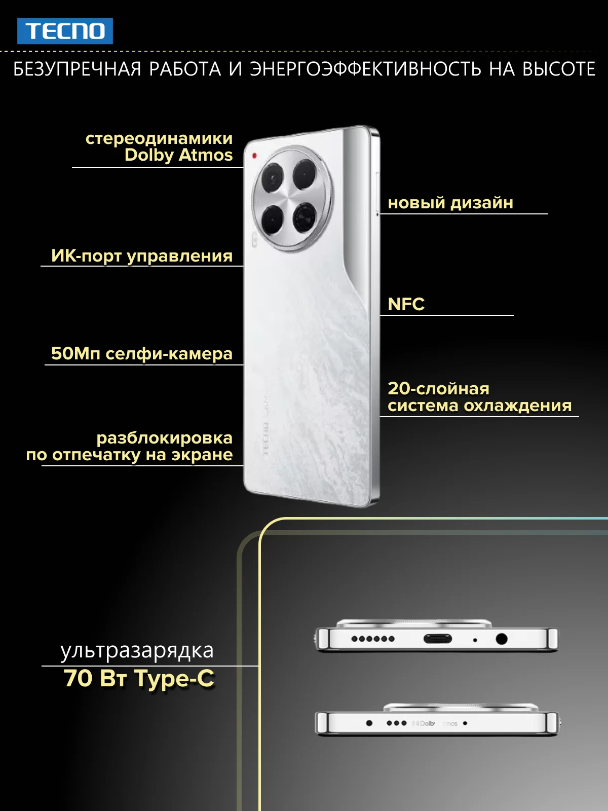 Белый смартфон TECNO Camon 30 5G 8/256 ГБ