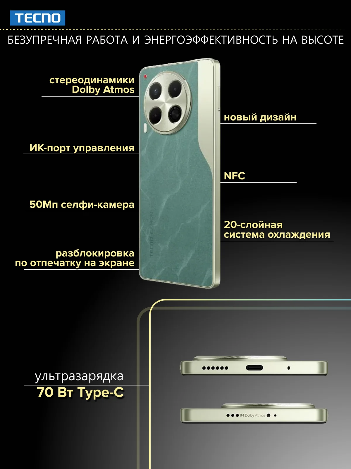 Зеленый смартфон TECNO Camon 30 5G 8/256 ГБ