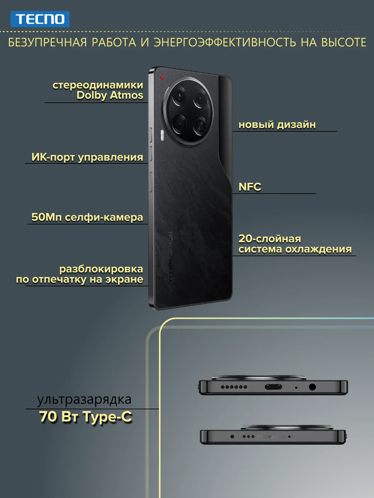 Черный смартфон TECNO Camon 30 5G 8/256 ГБ