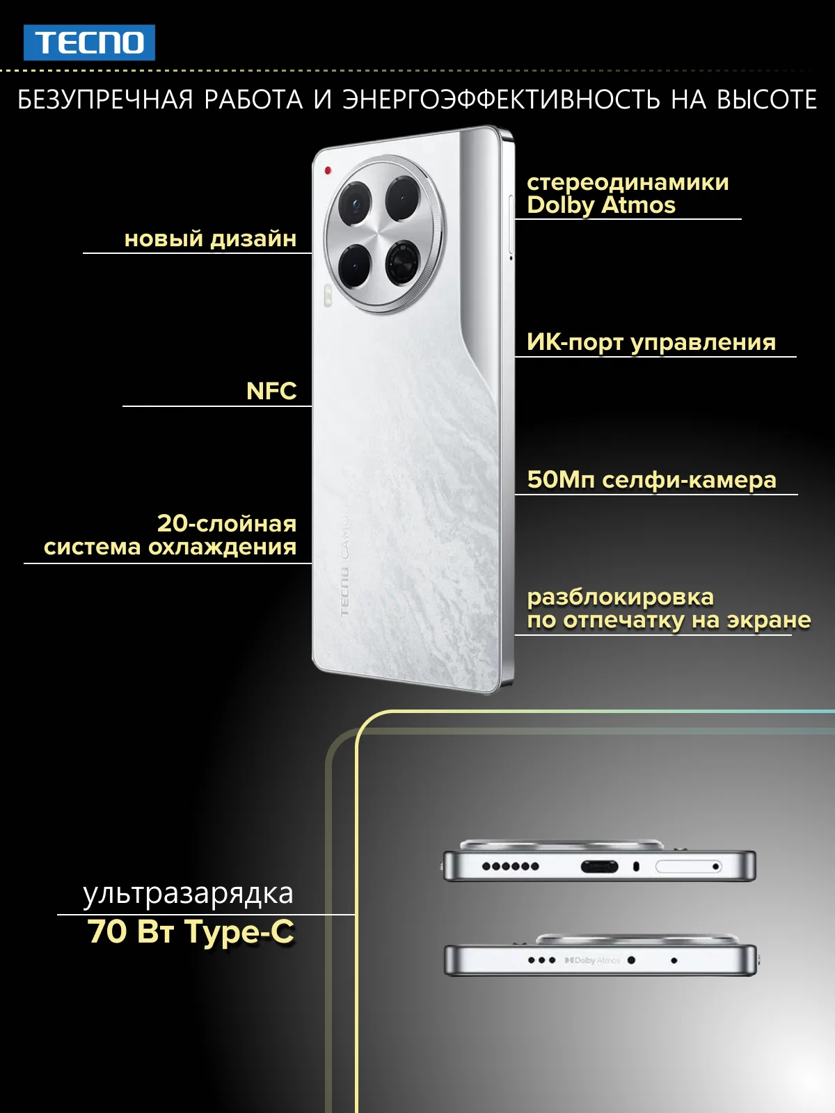 Белый смартфон TECNO Camon 30 8/256 ГБ