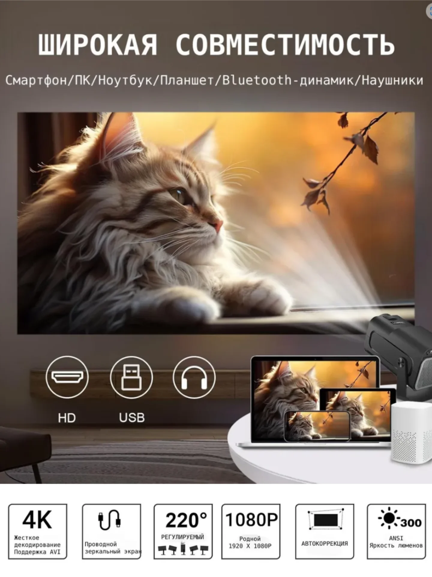 Проектор HY320 mini домашний кинотеатр Android Wi-Fi Full HD