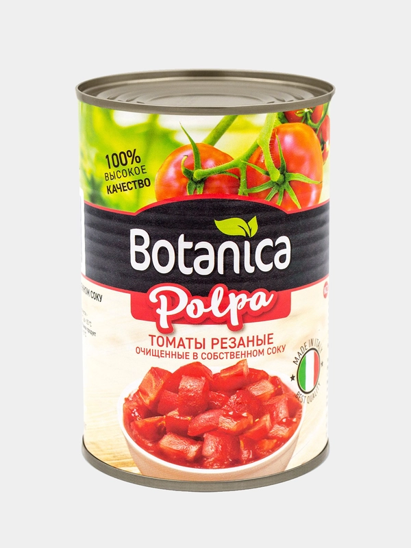 Томаты резаные Botanica, очищенные, в собственном соку, консервированные, 425 мл