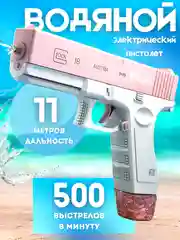 Розовый водный пистолет детский, электрический на аккумуляторе, глок