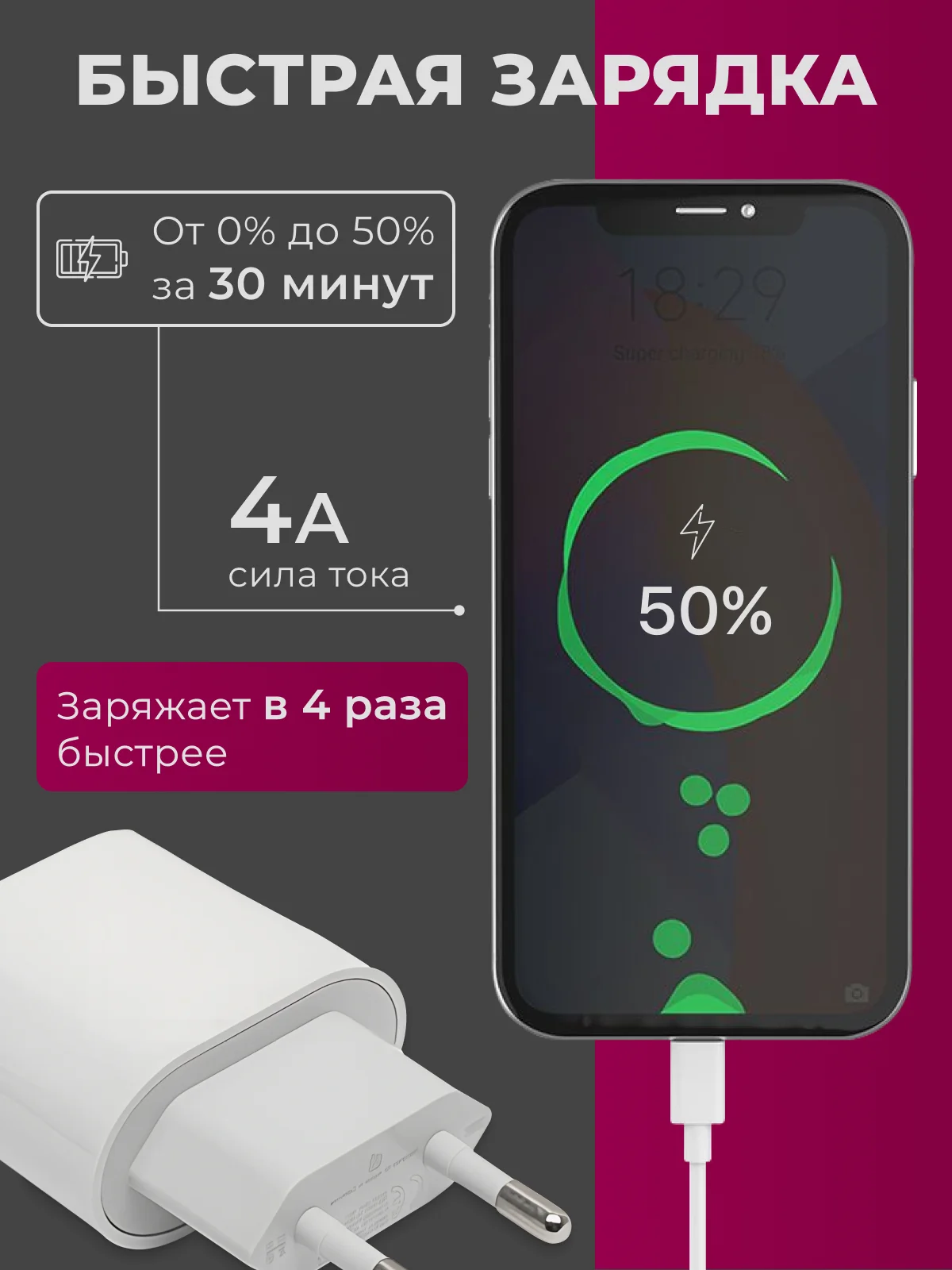 Блок питания для iPhone, 25w, с быстрой зарядкой, с кабелем Type-C - lightning, зарядка