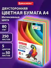 Бумага цветная для принтера офисная, А4, 80 г/м2, 250 л., (5 цветов х 50 л.), 112464