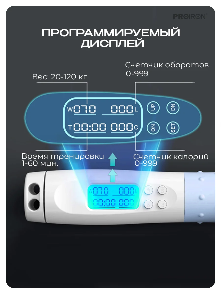Скакалка для фитнеса, умная, со счетчиком, PROIRON ПРО042, с утяжелителями, бело-голубая
