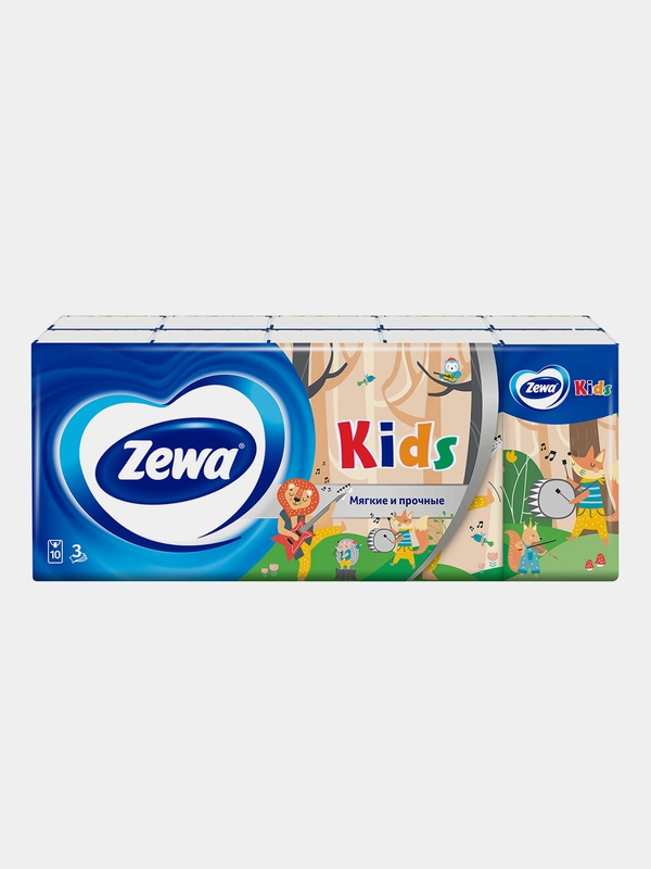 Платочки бумажные носовые Zewa Kids детские, 3 слоя, 10 штук Х 10