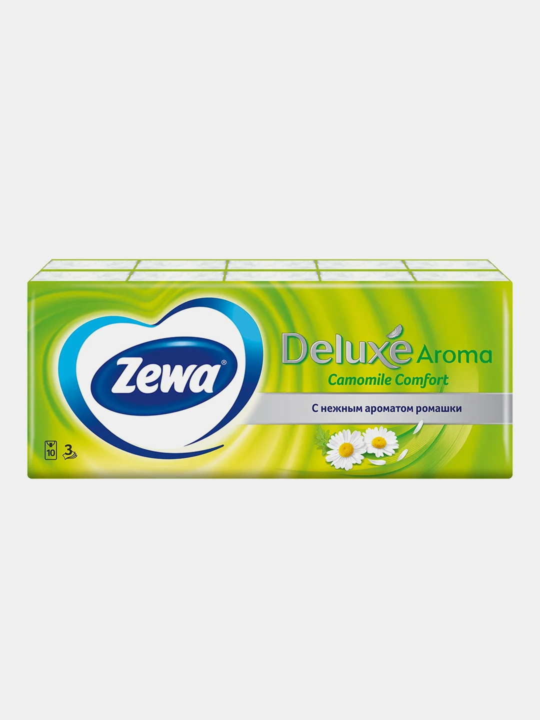 Платочки бумажные носовые Zewa Deluxe Ромашка, 3 слоя, 10 штук Х 10