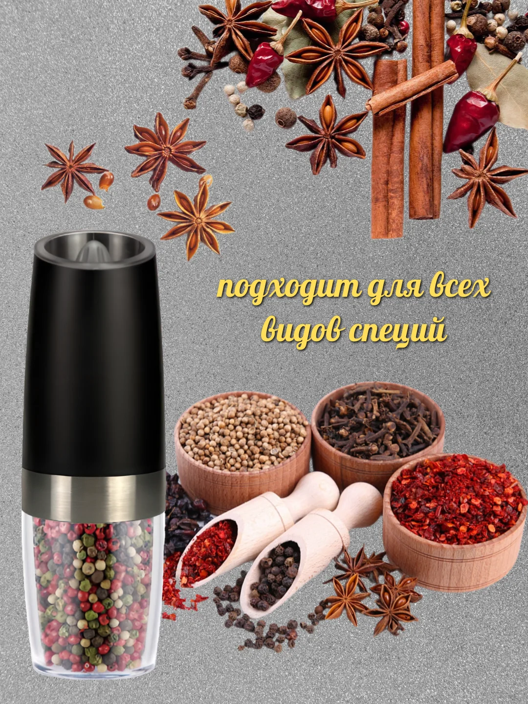 Мельница электрическая, для специй и перца, регулируемая, на батарейках, перечница мощная