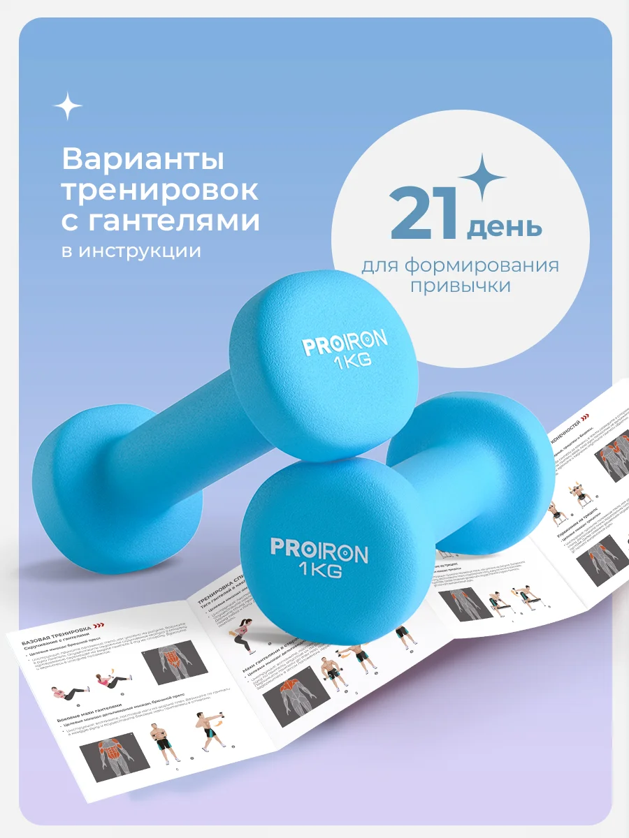 Гантели 1 кг, PROIRON, неопреновые, 2 штуки