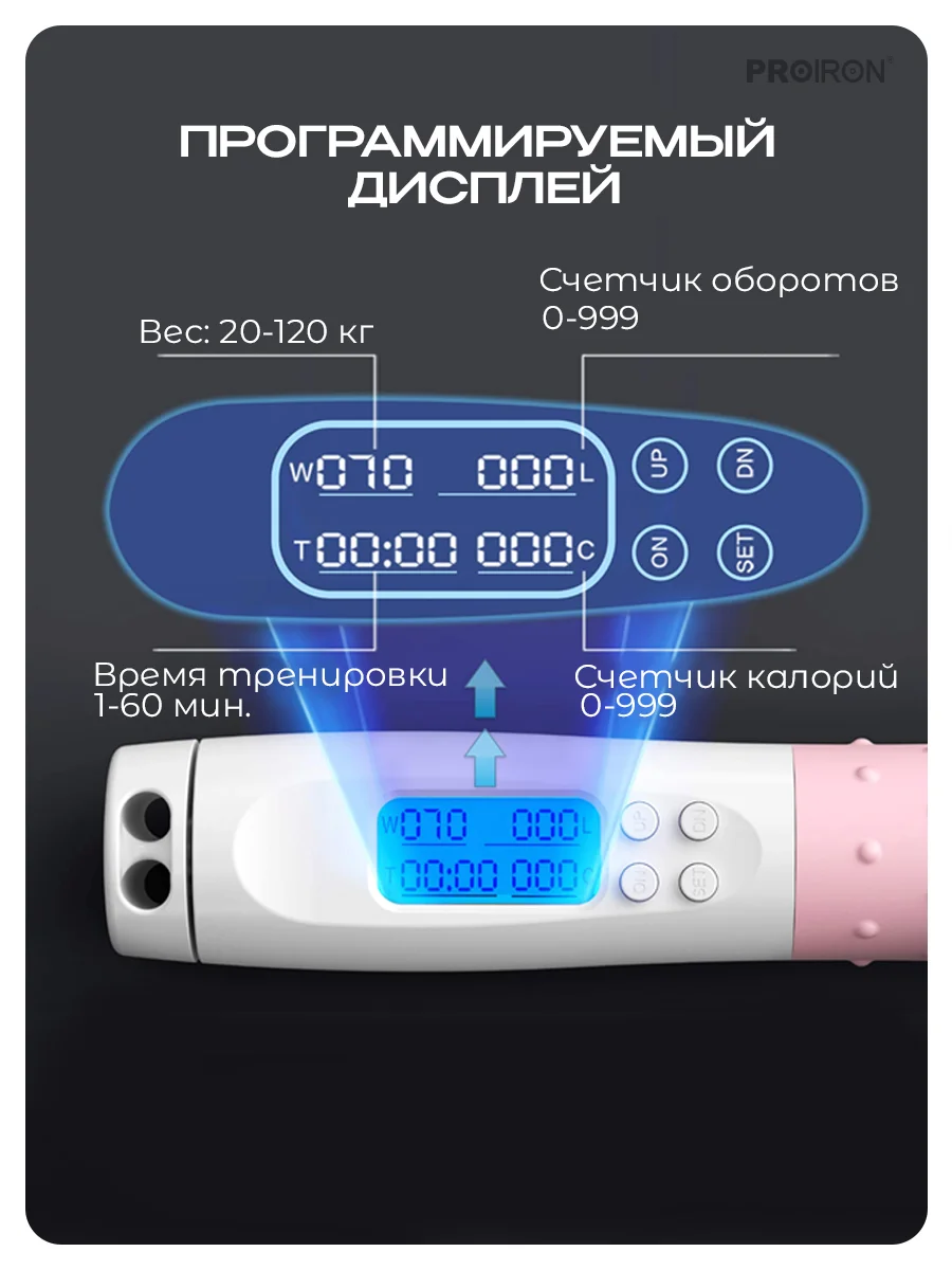 Скакалка для фитнеса, умная, со счетчиком, PROIRON ПРО041, с утяжелителями, бело-розовая
