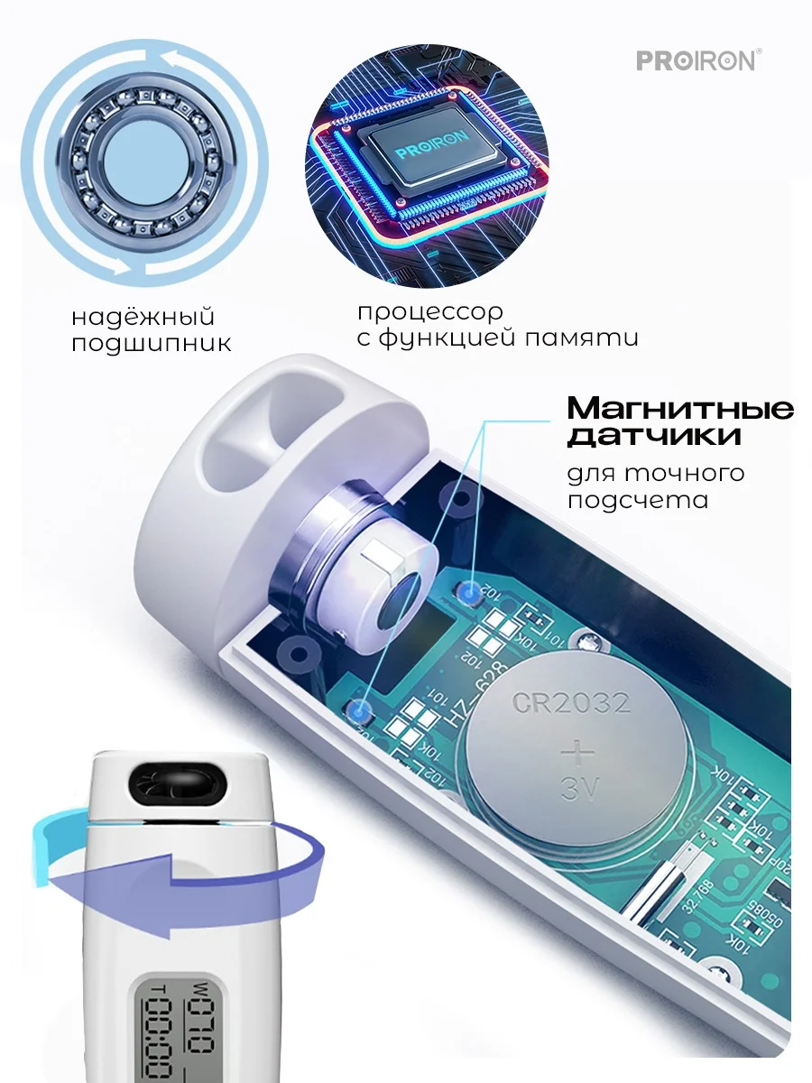 Скакалка для фитнеса, умная, со счетчиком, PROIRON ПРО043, с утяжелителями, бело-серый