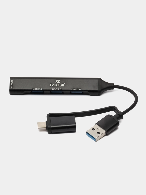 Переходник USB-хаб, стальной корпус, с Type-C адаптером
