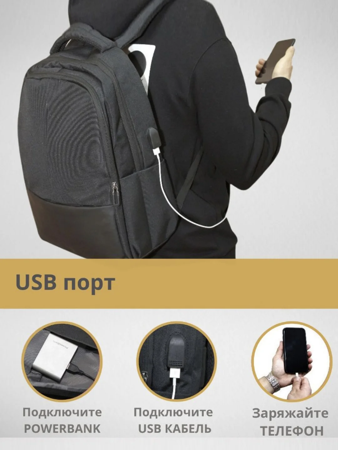 Черный рюкзак школьный, для ноутбука, с USB