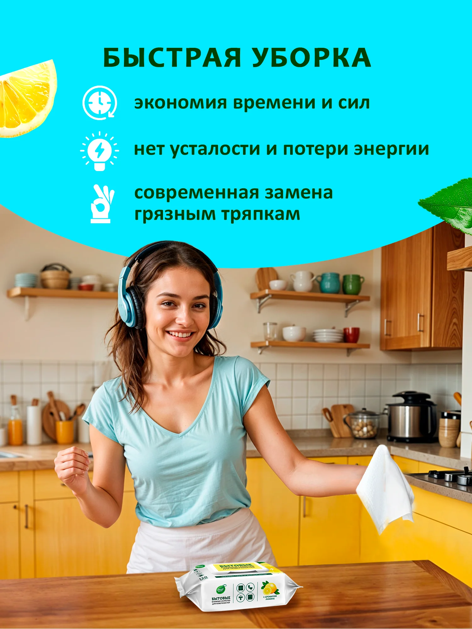 Бытовые влажные салфетки  для уборки Свежая нота Лимон 3x120 шт клапан