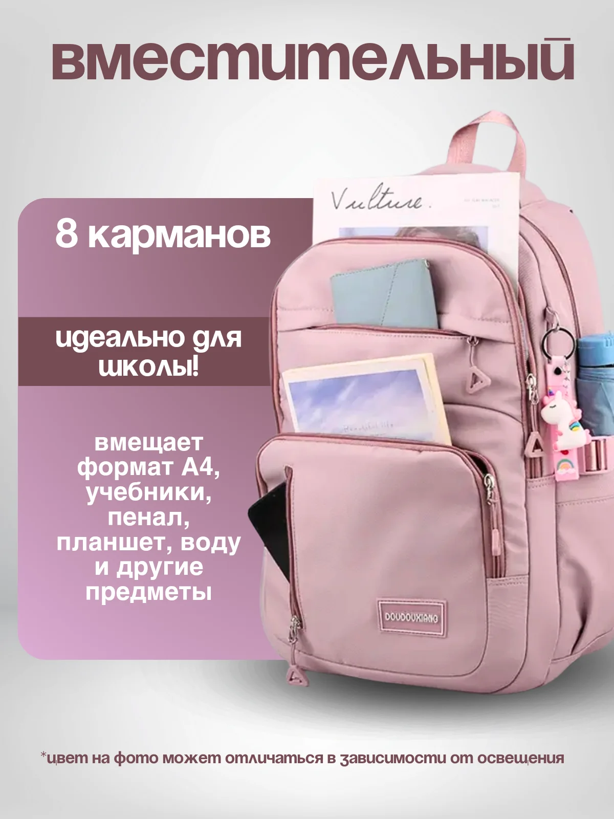 Карамельный рюкзак школьный для девочки, портфель, ранец в школу + брелок в комплекте