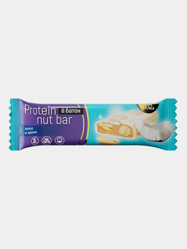 Батончик Protein nut bar Ёбатон, со вкусом кокоса с арахисом в белой глазури, 40 г