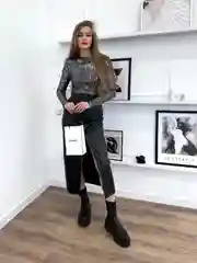 Юбка кожаная миди, Юбка с молнией кожаная, Юбка с разрезом кожаная